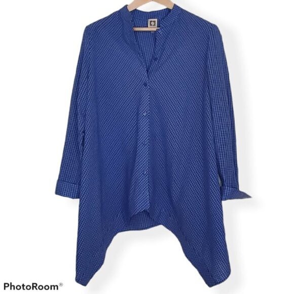 Anne Klein, Blue Gingham Asymmetrical Button, EUC, Size 12 - Picture 1 of 5
